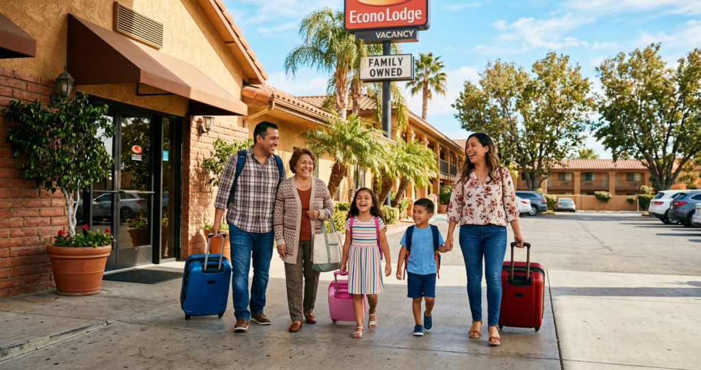 Familia latina eligiendo entre hotel y Airbnb para vacaciones en USA